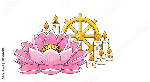 Flat 2D illustration of a pink lotus flower with lit candles and a golden wheel on a white background, celebrating Vesak and Purnima in India.