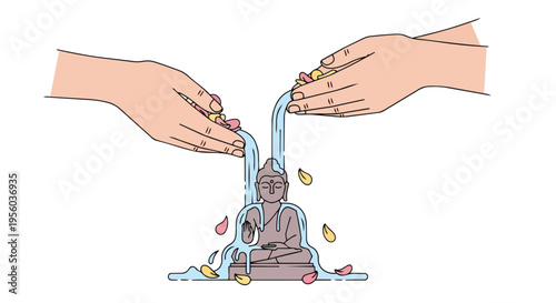 Flat 2D illustration of two hands pouring water over a Buddha statue on Vesak or Purnima in India with a serene mood.
