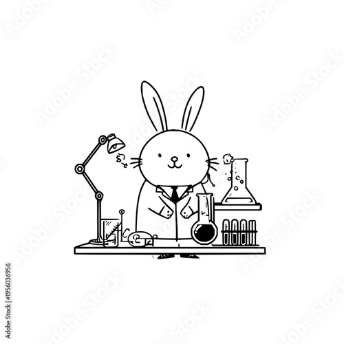 Whimsical cartoon bunny scientist in lab coat and tie conducting experiment with bubbling beakers test tubes and lamp isolated on white background playful illustration