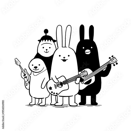 Whimsical cartoon band of four adorable stylized characters including two rabbits and two other unique creatures joyfully playing musical instruments like guitars and a bass