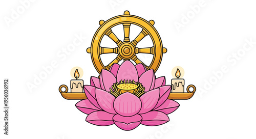 Flat 2D illustration of a pink lotus flower with a golden wheel and lit candles, symbolizing Vesak and Purnima celebrations in India.