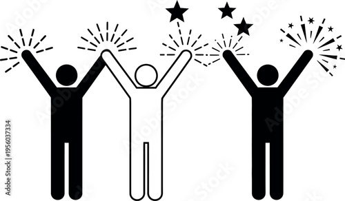 Three stick figures celebrating with fireworks and stars