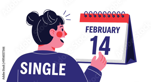 A woman wearing a shirt with the word "SINGLE" on it looks at a calendar displaying February 14th.
