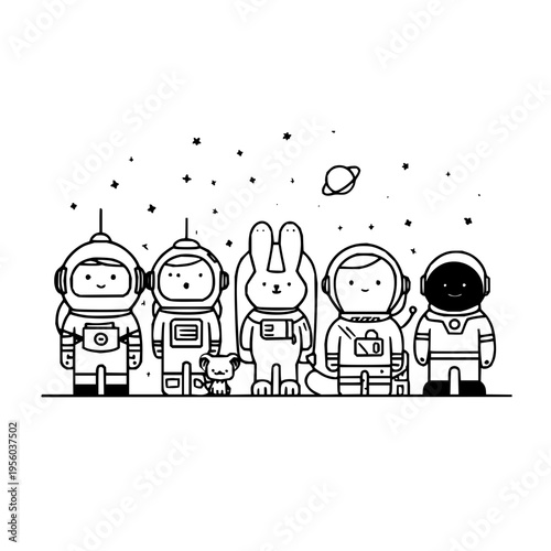 Whimsical cartoon illustration of a diverse group of five adorable simplified characters in astronaut suits standing together in outer space featuring a cute bunny a small dog