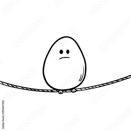 Whimsical cartoon egg character with a sad worried expression precariously balanced on a thin tightrope against a stark white background illustrating concepts of anxiety
