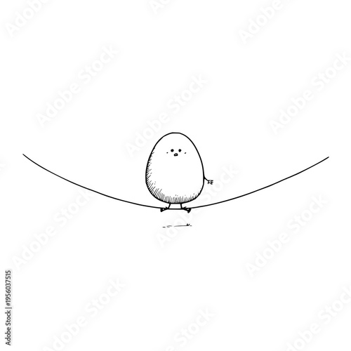 Whimsical hand drawn illustration of a charming ovular cartoon chick balancing precariously on a thin taut wire against a stark white background evoking a sense of vulnerability