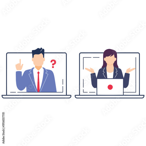 Two individuals engage in a virtual meeting one questioning and the other responding