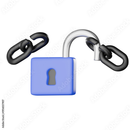 Wallpaper Mural Law And Justice 3D Icon. padlock chain security privacy protection freedom law justice 3d icon for law and justice concept showing open blue padlock with snapped link for access control Torontodigital.ca