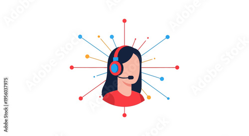 colorful illustration of customer service representative with headset and network con
