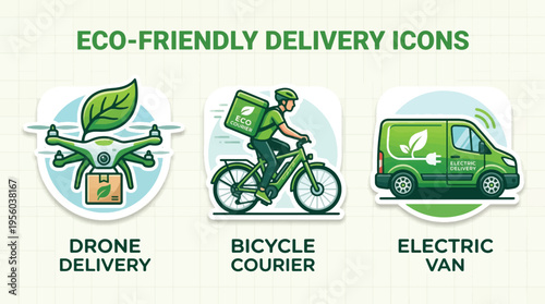 Eco-Friendly Delivery Icons Set Vector: Drone, Bicycle Courier, and Electric Van for Sustainable Logistics