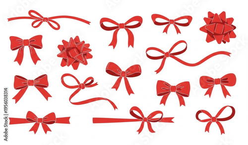 Cute red gift bow ribbon vector collection with hand drawn knots for packaging and festive decoration