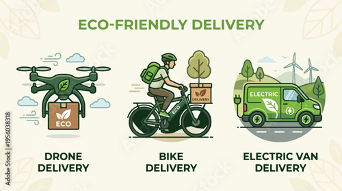 Eco-Friendly Delivery Vector Illustration Set: Drone, Bike, and Electric Van Logistics for Sustainable Transport
