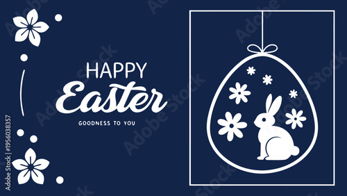 Easter Bunny Inside Egg with Flowers on Navy Blue Background