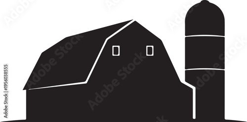 Simple black silhouette of a farm barn and silo, agricultural icon for dairy farm, ranch, or countryside landscape design , Generative Ai