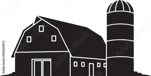 Detailed silhouette of a traditional barn and grain silo, agricultural industry illustration for farming and rural lifestyle concepts , Generative Ai