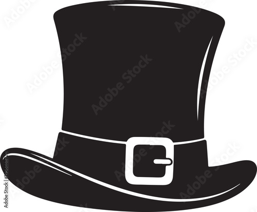St. Patrick's Day Leprechaun Hat Silhouette Icon, Black Top Hat with Buckle for Irish Celebration and Folklore Graphic Elements on White , Generative Ai