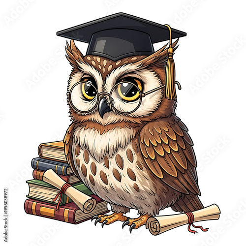 Intelligent owl wearing a graduation cap and glasses, sitting by a stack of books and scrolls, symbolizing academic achievement and scholarly pursuits.