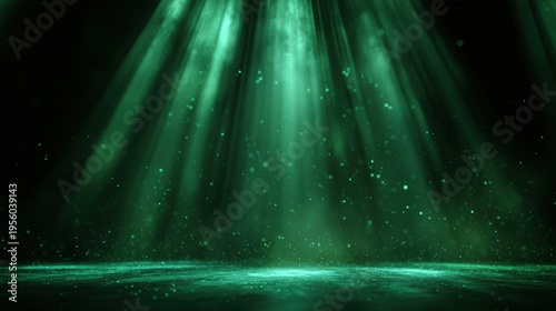 Green light beam shining on dark background for presentation