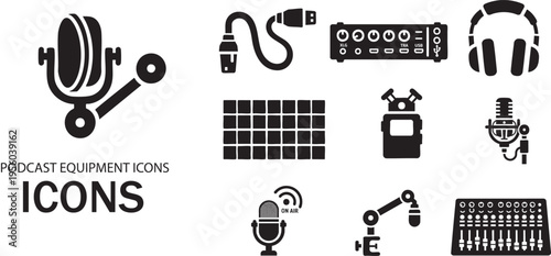 Podcast Equipment Studio Icon Set - 10 Black Filled Vector Icons Bundle