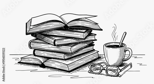 Hand-drawn ink sketch of a stack of books, a steaming cup of coffee, and eyeglasses. Concept for reading, education, studying, and cozy library atmosphere.