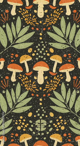 Seamless vertical pattern featuring wild mushrooms and botanical leaves in a vintage folk art style. Grungy texture with earthy tones for rustic wallpaper and textile design.