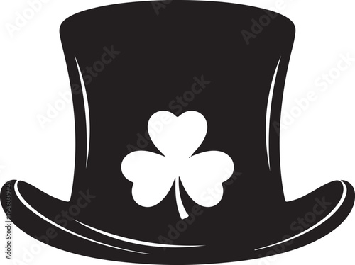 Stylized black top hat with shamrock icon, Irish leprechaun hat silhouette for St. Patrick's Day festive designs and parade graphics , Generative Ai