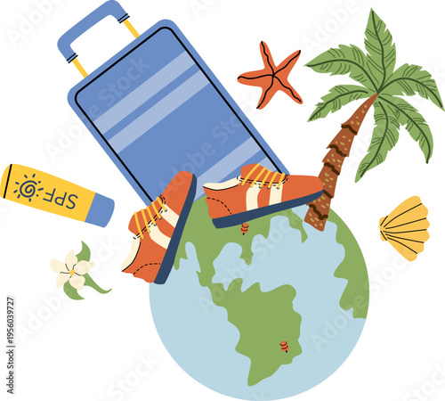 Vacation luggage composition with globe and sneackers, palm tree, sunscreen, seashells. Travel items% globe with pins, suitcase and tropical plant.