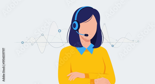 Illustration of woman wearing headset with microphone on light background