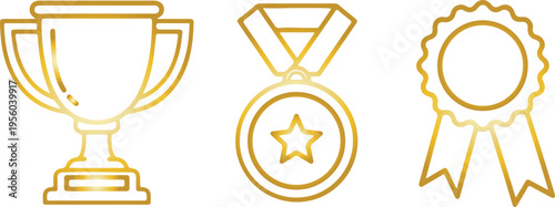 Golden Trophy, Medal, and Award Ribbon Icons: Achievement Symbol