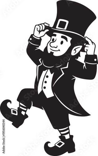 Cheerful Dancing Leprechaun Silhouette Adjusting Hat, Festive Irish Character for St. Patrick's Day Celebrations. , Generative Ai