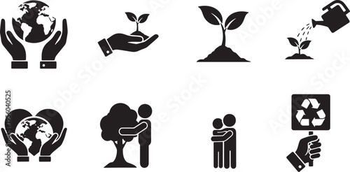 Environmental protection icons showing human hands holding globe planting trees and recycling signs for ecological conservation and planet care theme