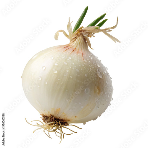 A close-up of a fresh white onion with water droplets on it