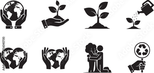 Hands holding earth and plant growth icons showing environmental protection concepts with watering can and people hugging trees for global awareness