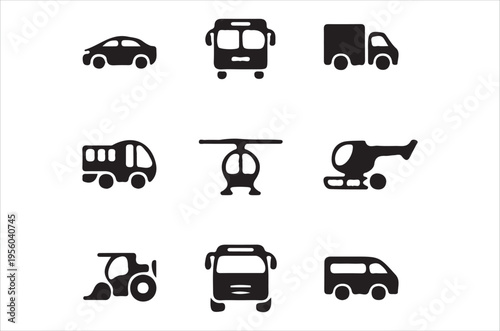 Black silhouette icons depicting various modes of transportation