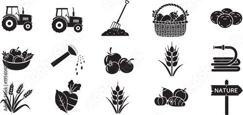 Set of farming and agriculture related icons including tractors, fruits, vegetables, watering can, basket and nature sign for outdoor activity