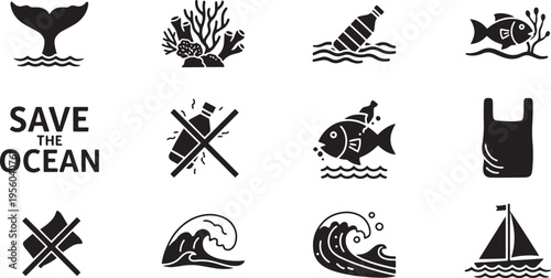 Save the ocean icons collection featuring marine wildlife with plastic pollution warnings and whale tails for sea conservation awareness campaigns