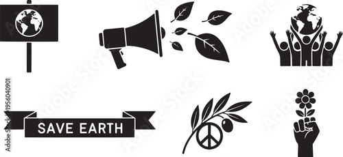 Set of isolated black symbols related to saving earth, environmental protection, nature preservation, global warming, ecology and earth day