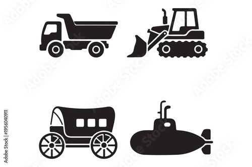 Black silhouettes depicting a dump truck loader covered wagon and submarine