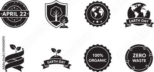 Set of isolated black symbols related to earth day celebration, environmental protection, organic products and zero waste lifestyle