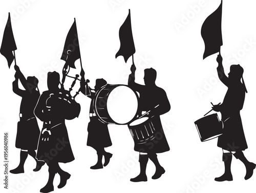 Silhouette of a traditional Scottish marching band featuring bagpipers, drummers, and flag bearers in kilts performing at a parade. , Generative Ai