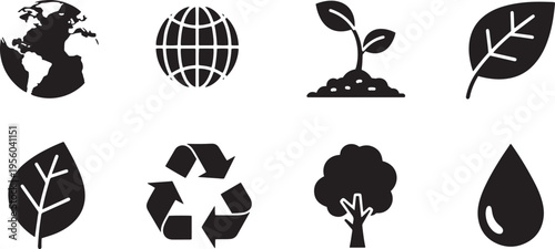 Nature and environment icons set with earth leaf seedling tree and recycle symbol representing ecology conservation and organic growth themes