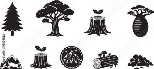 Forest and tree icons set depicting pine tree deciduous tree tree stump baobab and mountain landscape for nature and conservation themes