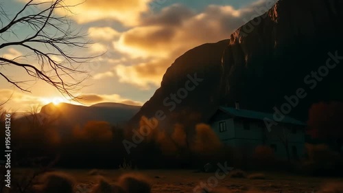 Sunset over mountains scenic landscape with golden light and trees