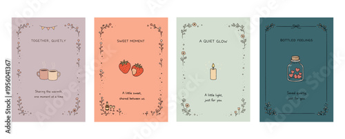 花飾りと小さなモチーフのナチュラルメッセージカード集、Natural Message Card Collection with Floral Borders and Small Motifs