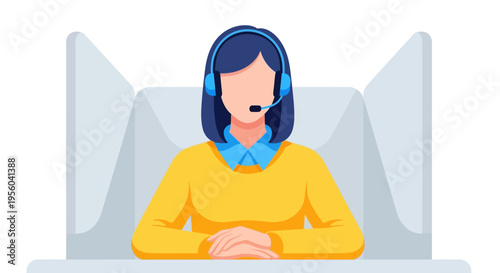 woman wearing headset sitting at computer illustration