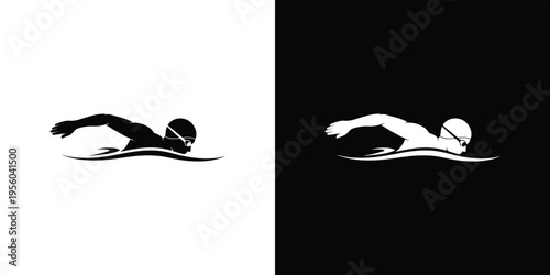 Black and white silhouettes of a swimmer in two contrasting backgrounds swimming goggles