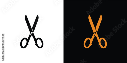 Scissors in black and orange on white and black backgrounds