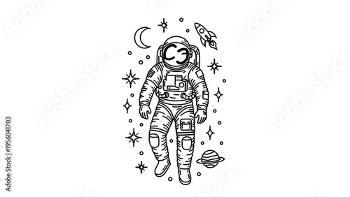 A minimalist vector illustration of an astronaut floating in space with celestial elements