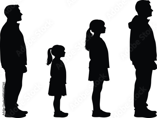 Silhouette, of, family, members, standing, in, a, row, including, father, mother, two, children, isolated, on, white, background, vector, illustration, profile.