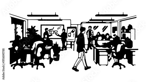 A minimalist black and white vector illustration of a busy office interior with employees working at desks